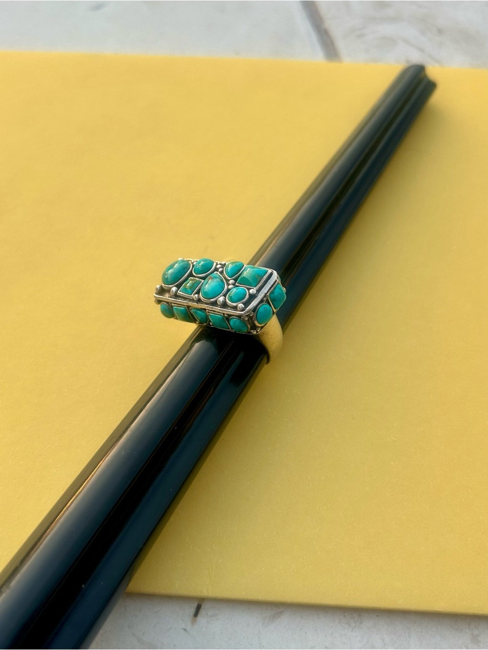WOW! Wide Rectangle Sterling Silver Turquoise Cluster Bar Ring Size 7.5 Vintage - Picture 3 of 10